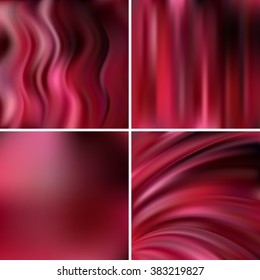 Abstract vector illustration of colorful background with blurred light lines. Set of four square backgrounds. Curved lines. Pink, purple, black colors. 