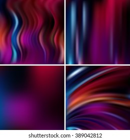 Abstract vector illustration of colorful background with blurred light lines. Set of four square backgrounds. Curved lines. Purple, red, blue, black colors. 