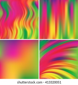 Abstract vector illustration of colorful background with blurred light lines. Set of four square backgrounds. Rainbow. Curved lines. Yellow, pink, red, green colors. Bright holographic backgrounds set