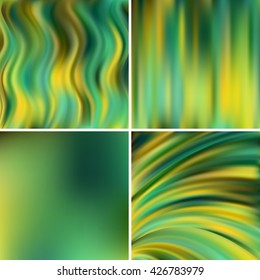 Abstract vector illustration of colorful background with blurred light lines. Set of four square backgrounds. Curved lines. Green, yellow colors. 