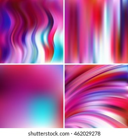 Abstract vector illustration of colorful background with blurred light lines. Set of four square backgrounds. Curved lines. Pink, purple, blue colors. 