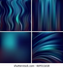 Abstract vector illustration of colorful background with blurred light lines. Set of four square backgrounds. Curved lines. Dark blue