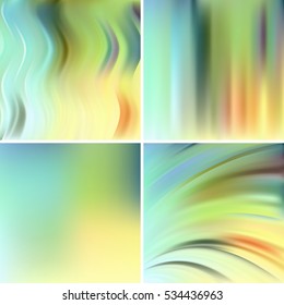 Abstract vector illustration of colorful background with blurred light lines. Set of four square backgrounds. Curved lines. Pastel yellow, orange, green colors. 