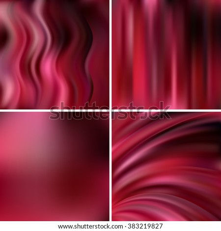 Abstract vector illustration of colorful background with blurred light lines. Set of four square backgrounds. Curved lines. Pink, purple, black colors. 