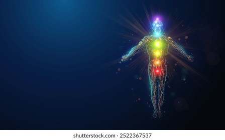 Abstract vector illustration of colorful chakras glow over human body silhouette made of glowing neon particles. Blue geometric background depicting meditation, yoga and health care concept