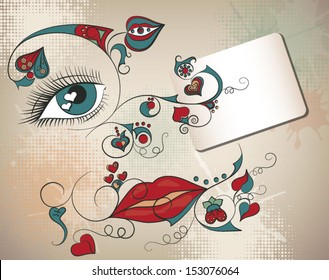 Abstract vector illustration with a colorful eye and lips