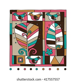 Abstract vector illustration of colorful fantasy birds and trees.