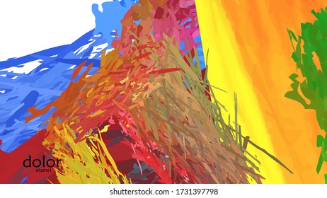 Abstract vector illustration with colorful feather layered shapes. Bright multicolored dimensional background. Brush stroke watercolor digital paint imitation. Rainbow scribble advertising template.