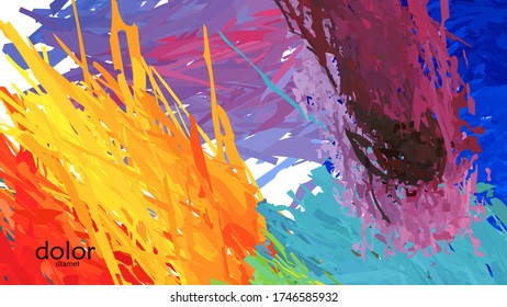 Abstract vector illustration with colorful feather layered shapes. Bright multicolored dimensional background. Brush stroke watercolor digital paint imitation. Rainbow scribble advertising template.
