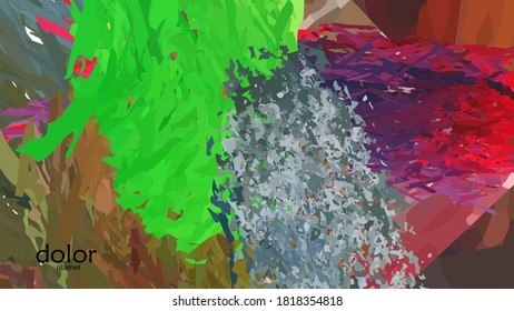Abstract vector illustration with colorful feather layered shapes. Bright multicolored dimensional background. Brush stroke watercolor digital paint imitation. Rainbow scribble advertising template.