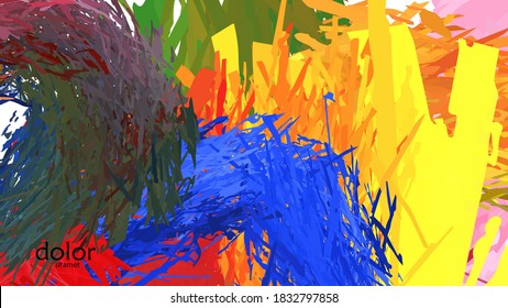 Abstract vector illustration with colorful feather layered shapes. Bright multicolored dimensional background. Brush stroke watercolor digital paint imitation. Rainbow scribble advertising template.