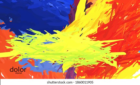Abstract vector illustration with colorful feather layered shapes. Bright multicolored dimensional background. Brush stroke watercolor digital paint imitation. Rainbow scribble advertising template.