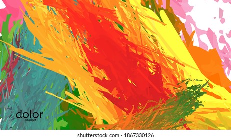 Abstract vector illustration with colorful feather layered shapes. Bright multicolored dimensional background. Brush stroke watercolor digital paint imitation. Rainbow scribble advertising template.