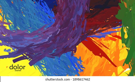 Abstract vector illustration with colorful feather layered shapes. Bright multicolored dimensional background. Brush stroke watercolor digital paint imitation. Rainbow scribble advertising template.