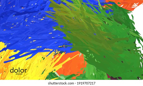 Abstract vector illustration with colorful feather layered shapes. Bright multicolored dimensional background. Brush stroke watercolor digital paint imitation. Rainbow scribble advertising template.