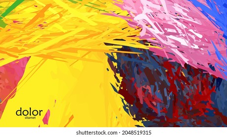 Abstract vector illustration with colorful feather layered shapes. Bright multicolored dimensional background. Brush stroke watercolor digital paint imitation. Rainbow scribble advertising template.