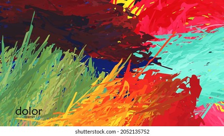 Abstract vector illustration with colorful feather layered shapes. Bright multicolored dimensional background. Brush stroke watercolor digital paint imitation. Rainbow scribble advertising template.