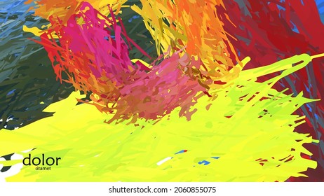Abstract vector illustration with colorful feather layered shapes. Bright multicolored dimensional background. Brush stroke watercolor digital paint imitation. Rainbow scribble advertising template.