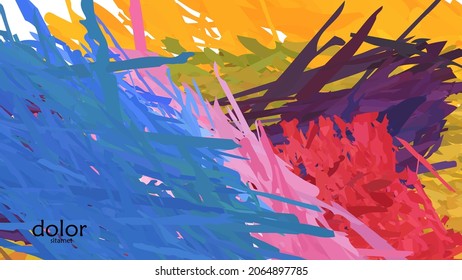 Abstract vector illustration with colorful feather layered shapes. Bright multicolored dimensional background. Brush stroke watercolor digital paint imitation. Rainbow scribble advertising template.