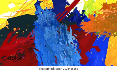 Abstract vector illustration with colorful feather layered shapes. Bright multicolored dimensional background. Brush stroke watercolor digital paint imitation. Rainbow scribble advertising template.