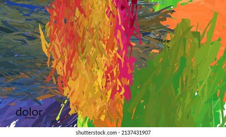 Abstract vector illustration with colorful feather layered shapes. Bright multicolored dimensional background. Brush stroke watercolor digital paint imitation. Rainbow scribble advertising template.