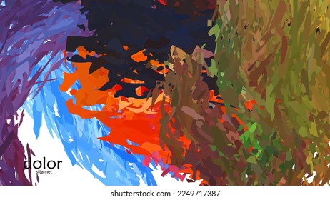 Abstract vector illustration with colorful feather layered shapes. Bright multicolored dimensional background. Brush stroke watercolor digital paint imitation. Rainbow scribble advertising template.