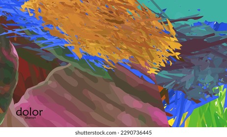 Abstract vector illustration with colorful feather layered shapes. Bright multicolored dimensional background. Brush stroke watercolor digital paint imitation. Rainbow scribble advertising template.