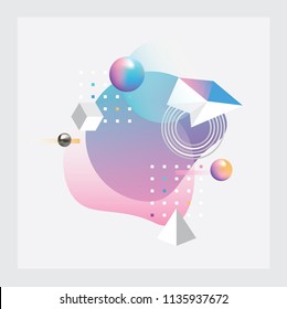 Abstract vector illustration with colorful geometric composition made out of round fluid shapes, polygons, spheres and squares