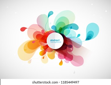 Abstract vector illustration with colorful half transparent flower petals. Also white circle for your own text.