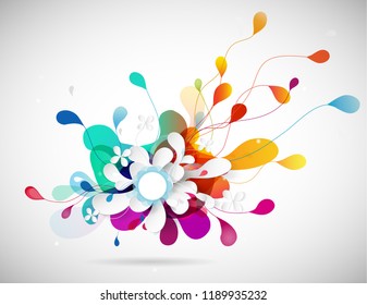 Abstract vector illustration with colorful half transparent flower petals. Also white circle for your own text.