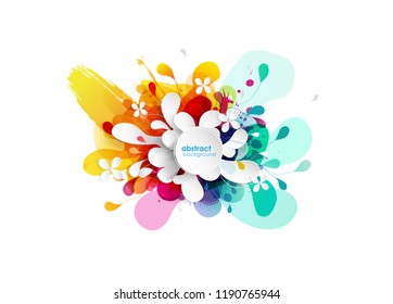 Abstract vector illustration with colorful half transparent flower petals. Also white circle for your own text.