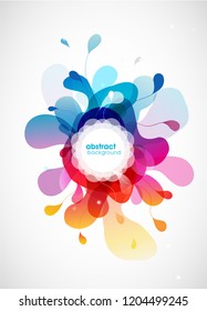 Abstract vector illustration with colorful half transparent flower petals. Also white circle for your own text.