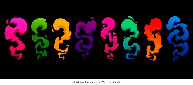 Abstract vector illustration of colorful smoke and vapor swirling gracefully in layers. The vibrant gradients and fluid motion create an ethereal background perfect for creative design, branding.