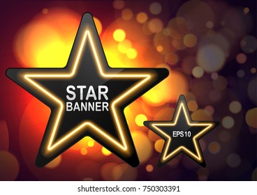 Abstract vector illustration of colorful stars with neon lights  on a dark background with golden bokeh vector illustration