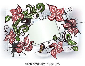 abstract vector illustration with a colourful eye and fantastic flowers