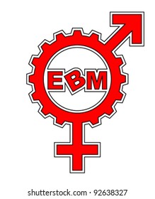 An abstract vector illustration of a combination of a venus and mars symbol gear with the text “EBM” inside.