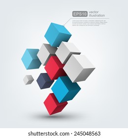 Abstract vector Illustration. Composition of 3d cubes. Background design for banner, poster, flyer, card, postcard, cover, brochure. Logo design.