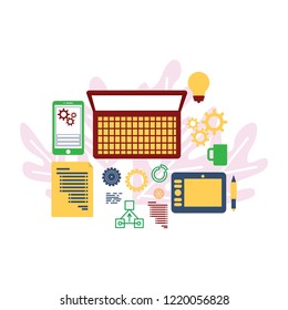 Abstract vector illustration with computer monitor, office equipment, charts and graphs
