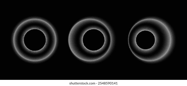 Ilustración vectorial Abstractas: círculos semitonos concéntricos, patrón de anillo punteado minimalista