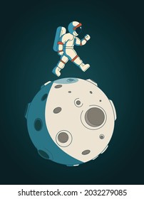 Resumen de ilustración vectorial de а astronauta (cosmonauta) en traje espacial blanco caminando sobre la luna como planeta con cráteres. Aislado sobre fondo verde azul oscuro