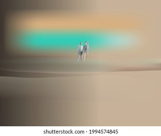 Abstract vector illustration of a couple of man and woman on the seashore, background water and sky with clouds