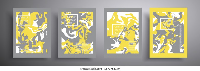 Ilustración vectorial abstracta de las cubiertas con elementos geométricos gráficos. Colores de tendencia de 2021 años - gris y amarillo. Plantilla para folletos, portadas, cuadernos, pancartas, revistas y folletos