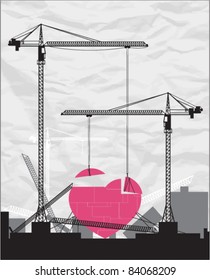 Abstract vector illustration with cranes and heart.