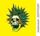 Abstract vector illustration. A crazy skull with a crazy hairstyle with sparks from the eyes. T-shirt design, stickers, print.