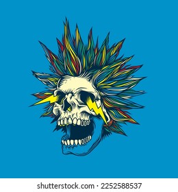 Abstract vector illustration. A crazy skull with a crazy hairstyle with sparks from the eyes. T-shirt design, stickers, print.
