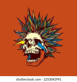 Abstract vector illustration. A crazy skull with a crazy hairstyle with sparks from the eyes. T-shirt design, stickers, print.