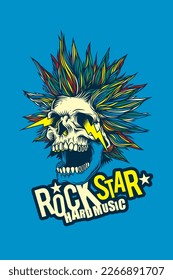Abstrakte Vektorgrafik. Ein verrückter Schädel mit einer verrückten Frisur mit Funken aus den Augen. T-Shirt-Design, Aufkleber, Druck.