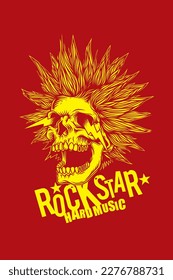 Abstrakte Vektorgrafik. Ein verrückter Schädel mit einer verrückten Frisur mit Funken aus den Augen. T-Shirt-Design, Aufkleber, Druck.