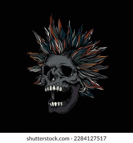 Abstract vector illustration. A crazy skull with a crazy hairstyle with sparks from the eyes. T-shirt design, stickers, print.