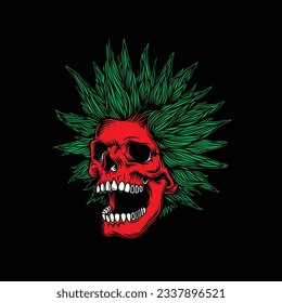 Abstract vector illustration. A crazy skull with a crazy hairstyle with sparks from the eyes. T-shirt design, stickers, print.